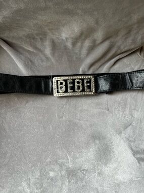 bebe Black Leather Logo Belt with Silver Logo Detail